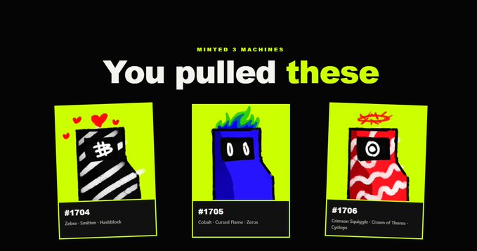 The image displays a digital collectible notification reading "MINTED 3 MACHINES - You pulled these," featuring three pixel-art style machine cards (#1704 Zebru, #1705 Cobalt, and #1706 Crimson Spotlight) against a bright green background, celebrating a successful mint of three rare ordinals to align with the post's "ORDINALS RULE" sentiment.