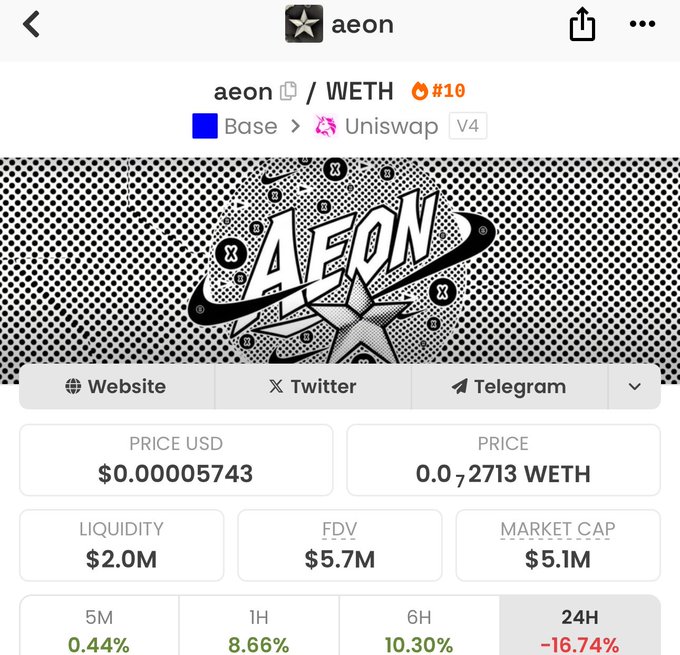 iphone screen displaying a black and white Aean logo, website, Twitter handle, price, and market cap.