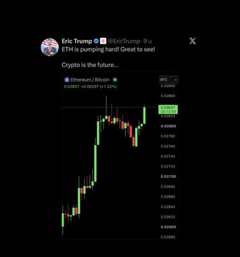 Eric Trump's tweet showcases a screenshot of a rising Ethereum/Bitcoin (ETH) cryptocurrency chart, confirming his statement about ETH "pumping hard."