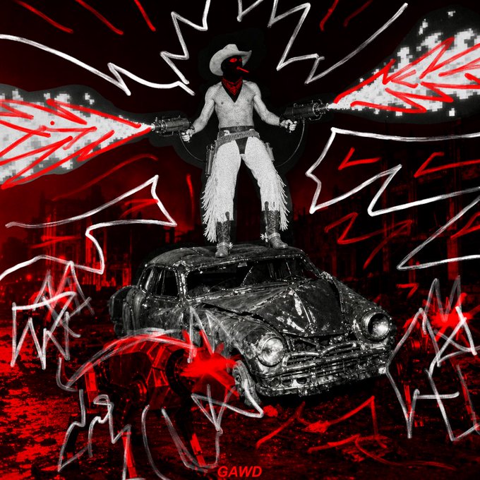 A stylized black, white, and red image depicts a cowboy standing atop a vintage car, firing dual pistols with the word "GAWD" displayed at the bottom.