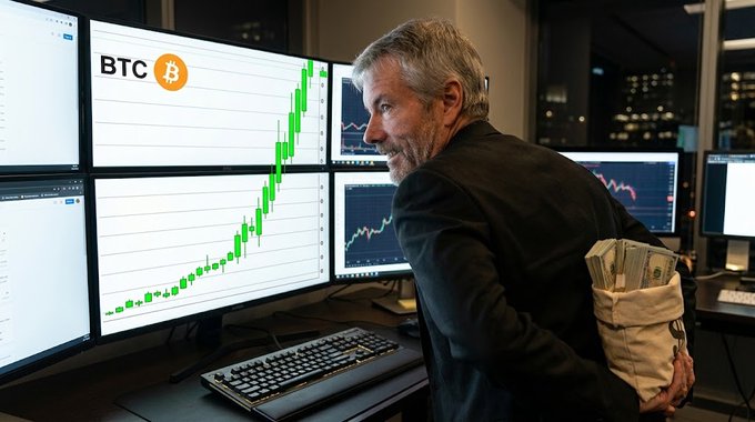 A man with gray hair holding a bag of cash while looking over his shoulder at multiple computer monitors displaying a sharply rising BTC (Bitcoin) chart.