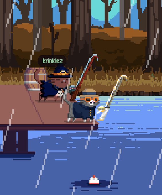 A pixel art scene shows two characters on a wooden dock fishing in a lake, with one labeled 'krinklez' wearing a witch hat and another character with a long pole, a bobber floating in the water below.