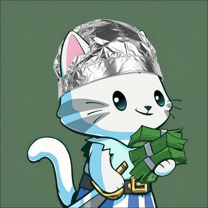 A digital illustration depicts a white cat character wearing a tinfoil-like hat, holding a large stack of green cash and a golden sword hilt.