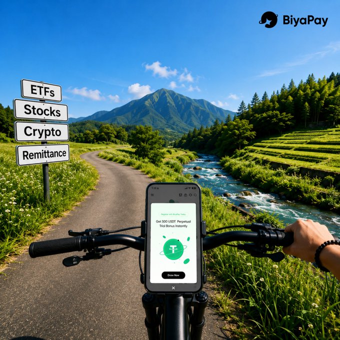 A cyclist rides along a scenic mountain path with a smartphone mounted on the handlebars displaying the BiyaPay app interface, while a directional signpost points toward ETFs, Stocks, Crypto, and Remittance options—visually embodying the post's message of staying mobile while having all trading and payment opportunities within reach.
