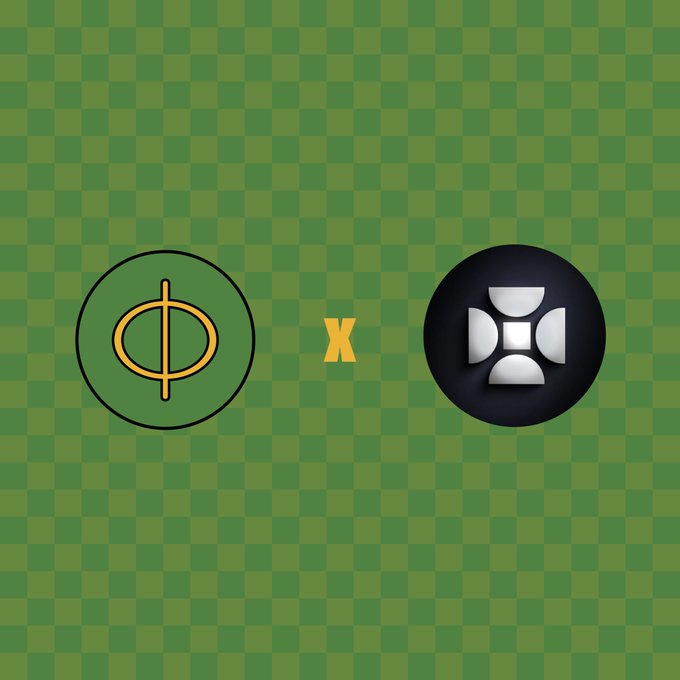 A green checkered background displays two circular logos connected by a yellow 'X', indicating a collaboration.