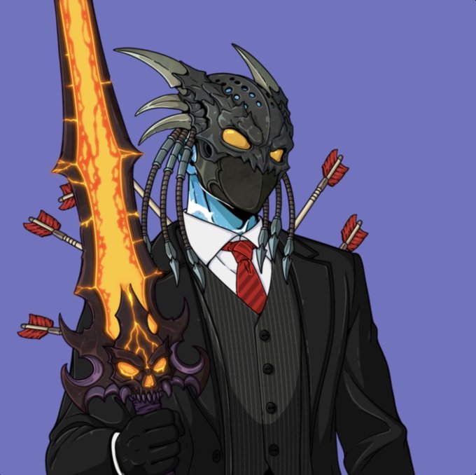 An illustration of a Predator-style character in a black pinstripe suit and red striped tie, holding a flaming demonic sword with arrows piercing its body, against a purple background.