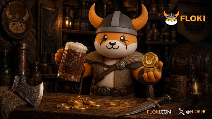 A promotional image featuring the FLOKI mascot dressed as a Viking holding a frothy mug of beer and a gold coin, with text FLOKI.COM and @FLOKI displayed.