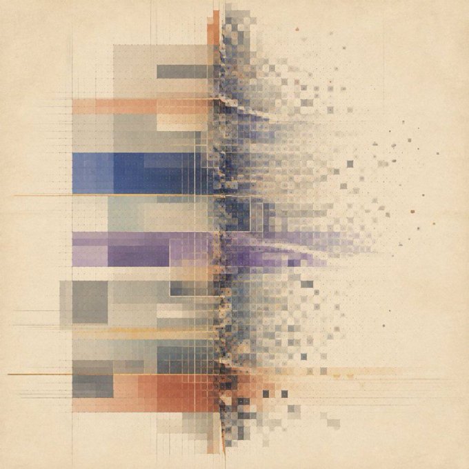A pixelated, abstract geometric design composed of overlapping translucent squares in muted tones of blue, purple, orange, and gray, appearing to dissolve into a fine grid pattern on the right side against a textured cream background. The image serves as promotional artwork for a giveaway of GTD and whitelist spots for Imprint, with the abstract aesthetic complementing the project's digital or blockchain theme.