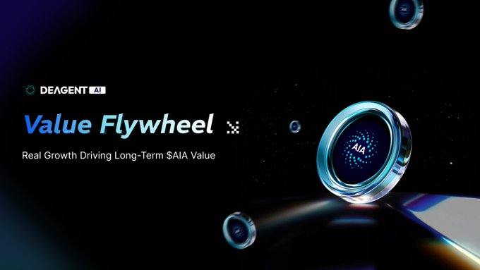 A promotional graphic for DEAGENT AI featuring the text 'Value Flywheel' and 'Real Growth Driving Long-Term $AIA Value' alongside a metallic coin labeled 'AIA' against a dark background.