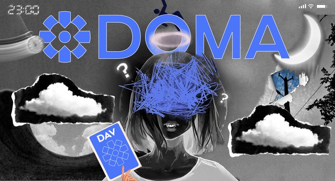 The image is a dark, surreal collage featuring the "DOMA" logo and branding for domaprotocol, with a hooded figure scribbled over in blue, cloud cutouts, and a moon. It visually represents the DOMA project's focus on the massive $360 billion domain market through its eerie, dreamlike aesthetic.