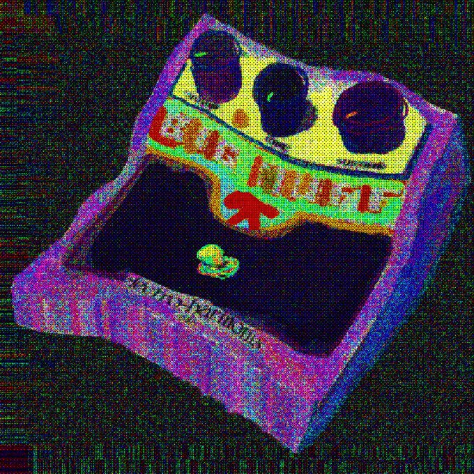 The image features a colorful cartoon-like drawing of a toy guitar, which appears to be made out of paper or cardboard with a purple background. The guitar has a unique design that resembles a guitar pick, giving it an artistic touch. The text "thnxxx anon for collecting big muff link to all my @objktcom pieces below." is present in the image, possibly indicating the artist's name or the source of the drawing.