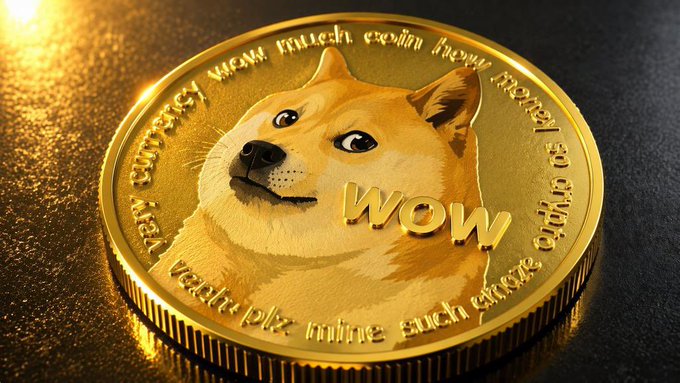 A gold commemorative coin featuring the Dogecoin Shiba Inu dog mascot with the word 'wow' embossed on it, displayed on a dark surface.