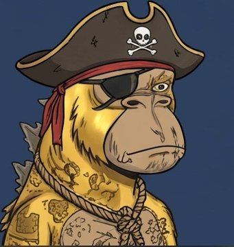 A cartoon NFT illustration of a bored-looking ape wearing a pirate hat with skull and crossbones, an eye patch, and a rope necklace, in a gold style.