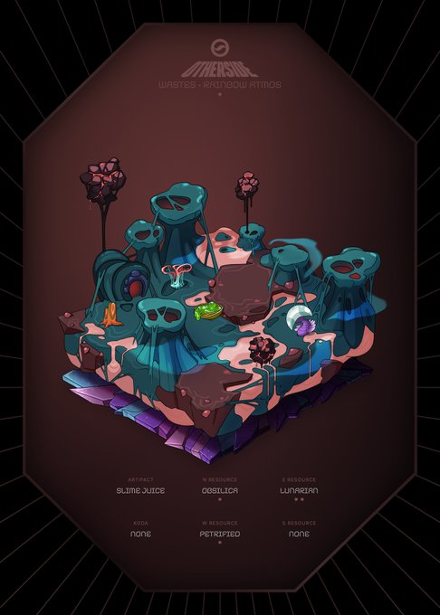 Digital artwork depicting a fantasy isometric landscape labeled 'VANISH WASTES - RAINBOW RHINOS' featuring strange teal and pink alien flora, crystals, and creatures, with crafting resource stats like 'SLIME JUICE', 'OBSIDICA', and 'LUMAZEA' listed below.
