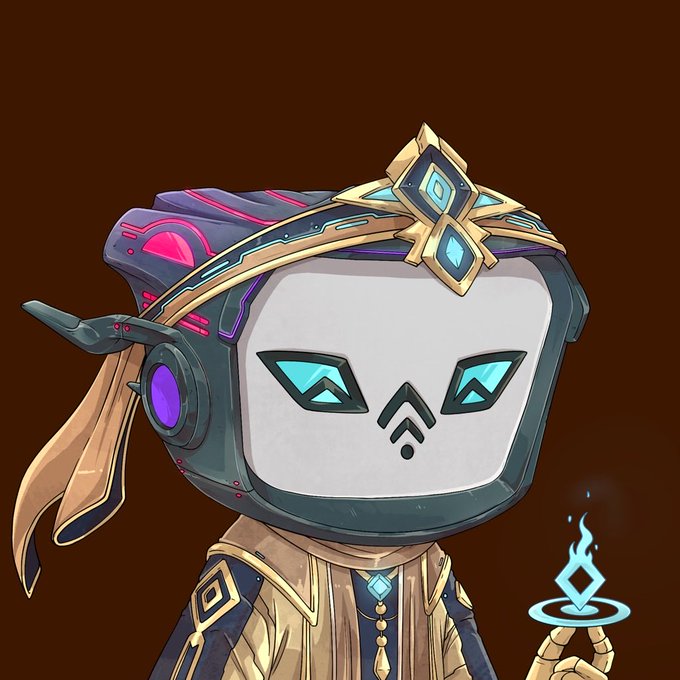 A digital illustration of a stylized robot character with a TV-like screen face featuring glowing cyan eyes, wearing an ornate headpiece with purple and gold accents and holding a small blue flame.