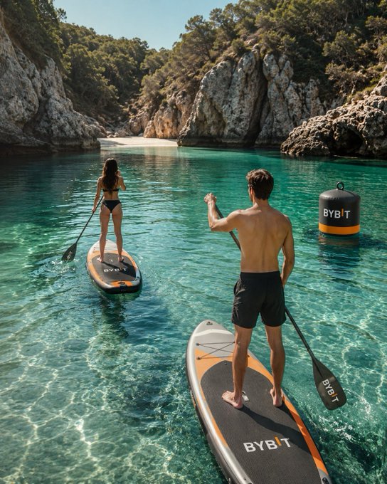 Two people paddleboarding in crystal-clear turquoise water toward a secluded cove, with the brand "BYB|T" prominently displayed on their boards and a floating buoy. The adventurous scene perfectly captures the spirit of "Powering your next adventure," showcasing the brand's equipment in an idyllic outdoor setting.