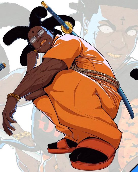 An anime-style illustration shows a figure in an orange prison-style jumpsuit, crouched with a katana behind their back, featuring a ghostly menacing face in the background. The dramatic, determined pose visually reinforces the post's message about staying "locked in" and focused while believing in NFTs.