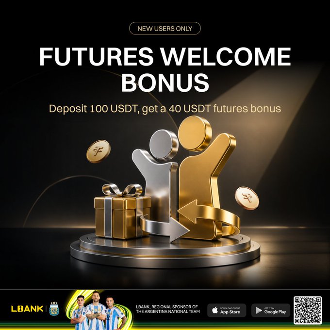 The image displays a "FUTURES WELCOME BONUS" for new LBank users, offering a 40 USDT futures bonus for a 100 USDT deposit. This visually represents a gift and a positive user reception, aligning with the promotional offer from the accompanying post.