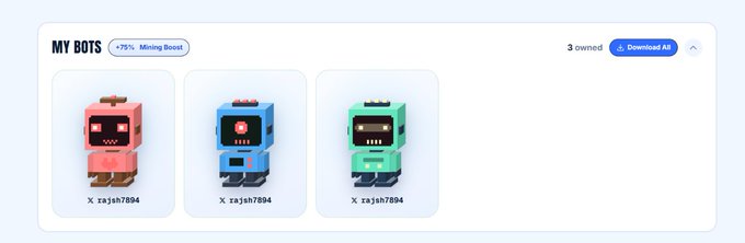A “MY BOTS” dashboard shows “3 owned” pixel-art robot collectibles, a “Download All” button, and a “+75% Mining Boost” label. This illustrates the newly minted @conso_xyz bots advertised in the accompanying post, with the mint link shown as conso.xyz/bots.