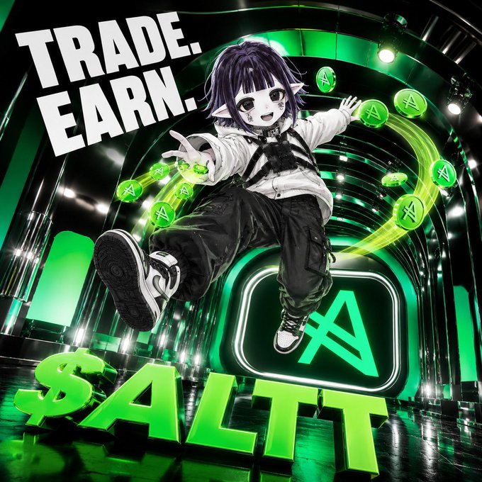 A green-themed promotional graphic with the text 'TRADE. EARN. $ALT' featuring an anime character jumping amid glowing green tokens.
