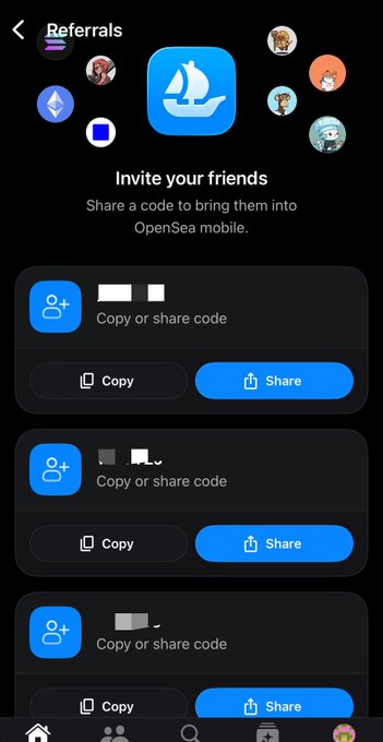 A mobile app screenshot of the OpenSea 'Referrals' page showing options to invite friends with 'Copy or share code' buttons for three different accounts.