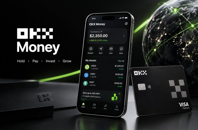A promotional image for 'OKX Money' showing a smartphone displaying the OKX Money app with a balance of $2,350.00 alongside a Visa Platinum card, with the tagline 'Hold · Pay · Invest · Grow'.