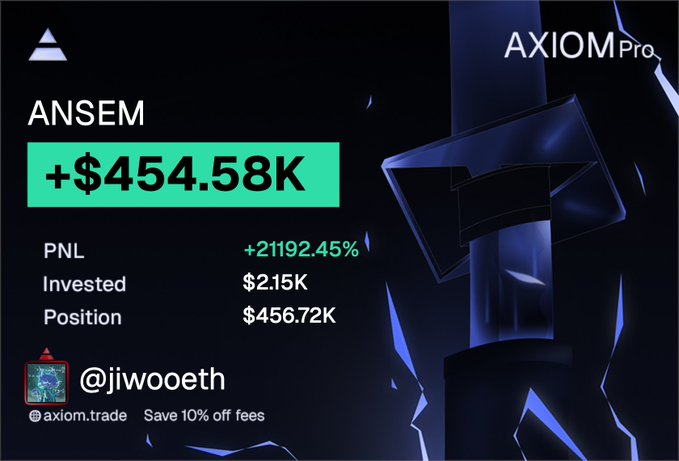An Axiom Pro trading dashboard showing a position on ANSEM with +$454.58K profit, +21192.45% PNL, $2.15K invested, and $456.72K position, posted by @jiwooeth.