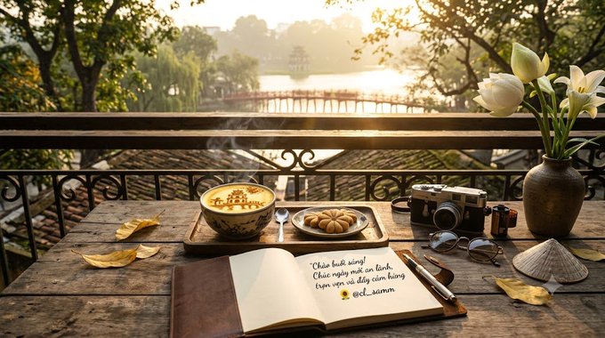 A serene scene of a wooden table on a balcony overlooking a lake at sunset, featuring a bowl of coffee, a pastry, an open journal with handwritten text, a camera, and a vase of white flowers.