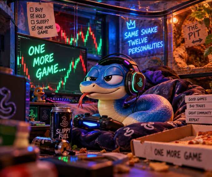 A blue snake character wearing gaming headphones in a neon-lit setup, with signs reading 'BUY, HOLD, SLEEP?, ONE MORE GAME,' 'ONE MORE GAME...,' 'SAME SNAKE TWELVE PERSONALITIES,' and 'THE PIT,' alongside a 'SLIPPY FUEL' can.