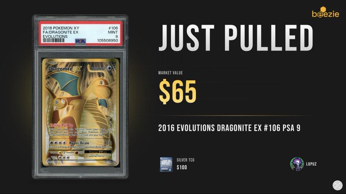 A graded 2016 Pokémon XY Evolutions Dragonite EX card in a PSA 9 slab is shown with 'JUST PULLED' text and a $65 market value.