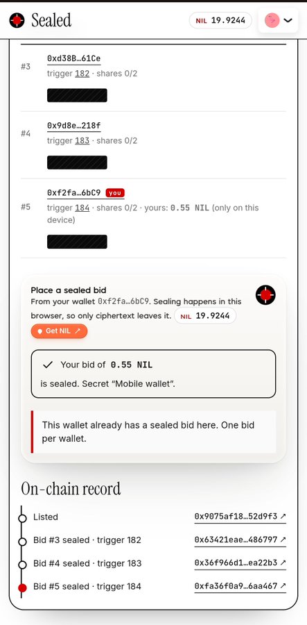 A screenshot of a 'Sealed' bidding interface showing wallet addresses, trigger numbers (182, 183, 184), shares (0/2), a bid amount of 0.55 NIL from wallet 0xf2fa...6bC9, and an on-chain record with transaction hashes for bids #3, #4, and #5.