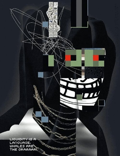 The image features a black and white poster with an abstract design that includes a face, chains, and other elements. The poster has a quote from @Dario Desierto about the importance of investing in language learning.