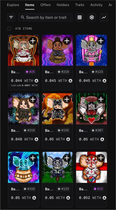 A mobile screen displaying an NFT marketplace with 470 items, showing cartoon bat character collectibles priced in WETH with varying trait values like #25, #218, and #123.