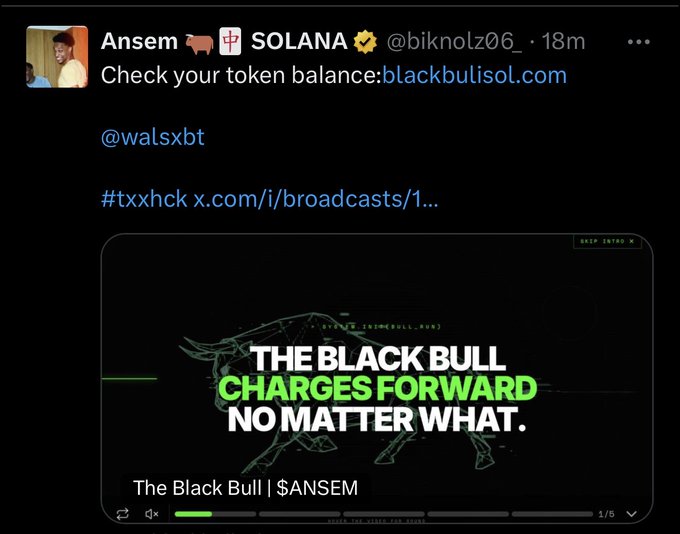 A screenshot of a tweet from "Ansem 🐂🇧🇬 SOLANA ☀️" (@biknolz06) promoting "The Black Bull | $ANSEM" token with the message "THE BLACK BULL CHARGES FORWARD NO MATTER WHAT" and a link to blackbulisol.com, which appears to be the airdrop source referenced in the accompanying post.