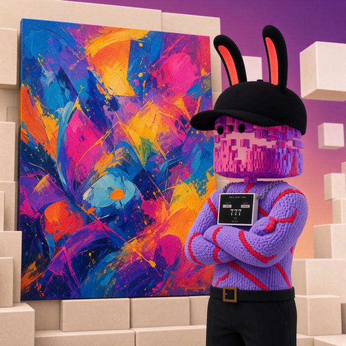A 3D-rendered character with a pixelated pink head, bunny ears, and a purple sweater with red stripes stands with arms crossed in front of a vibrant abstract painting.