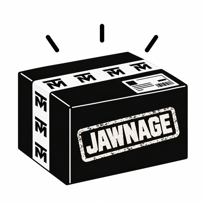 A black and white illustration of a cardboard box with tape, shipping label, and a 'JAWNAGE' stamp.