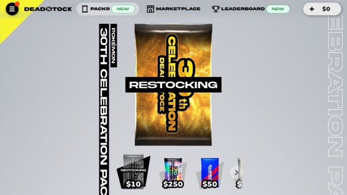 A webpage screenshot for 'DEADSTOCK' showing a 'CELEBRATION 3 RESTOCKING' promotion for a 30th Pokemon Celebration pack priced at $250.