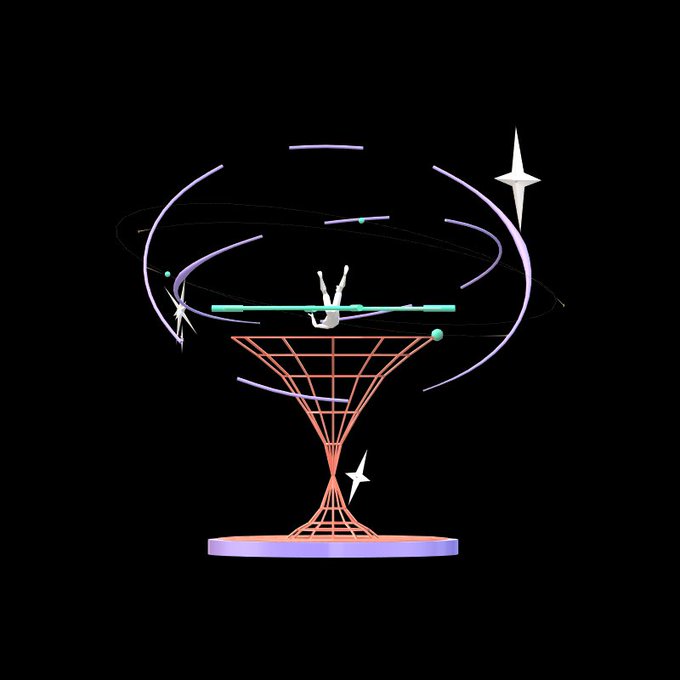 A stylized 3D illustration of a cocktail glass with a figure doing a handstand on top, surrounded by swirling purple ribbons and stars against a black background.