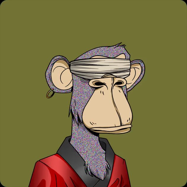 A cartoon illustration of a Bored Ape-style character wearing a white blindfold and red garment, featuring a sparkly purple face texture on an olive green background.