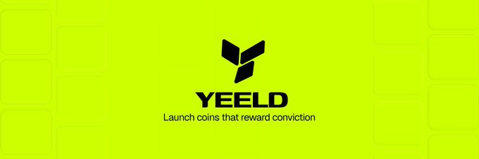 A bright lime-green banner features the Yeeld logo and tagline "Launch coins that reward conviction," visually reinforcing the post's description of the platform as a novel system for building tokens tied to real stock narratives rather than speculative launches.