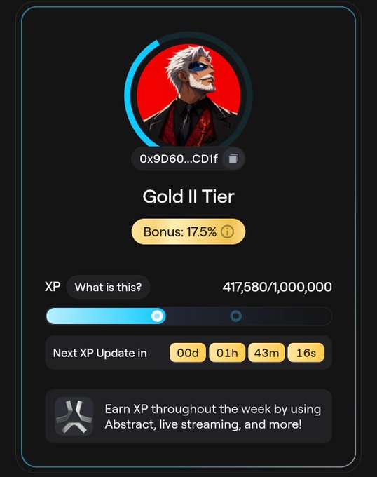 A profile card showing a stylized avatar with a red background and the wallet address '0x9D60...CD1f', labeled 'Gold II Tier' with a 17.5% bonus, displaying XP progress at 417,580/1,000,000.