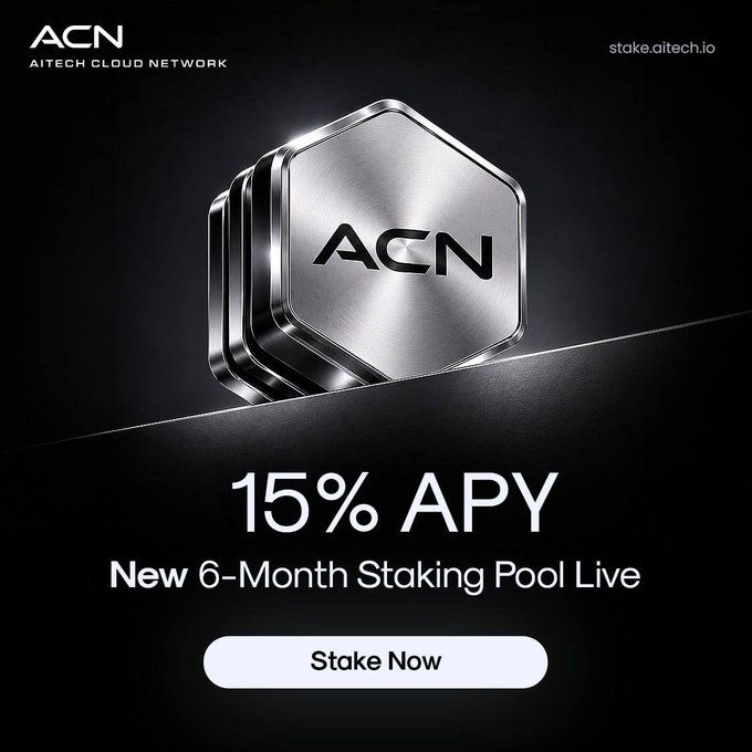 The image features a silver hexagonal-shaped coin with the word "ACN" printed at the top. Below this coin, there's a small white banner advertising an exciting new staking pool project called "New 6-Month Staking Pool Live". This pool allows users to stake their cryptocurrency for up to 15% APY and offers them the opportunity to participate in 12 months of guaranteed returns. The post also encourages the public to "Stake Now" and emphasizes that this is a new initiative aimed at revolutionizing how people invest in cryptocurrencies by enabling long-term, high rewards participation.