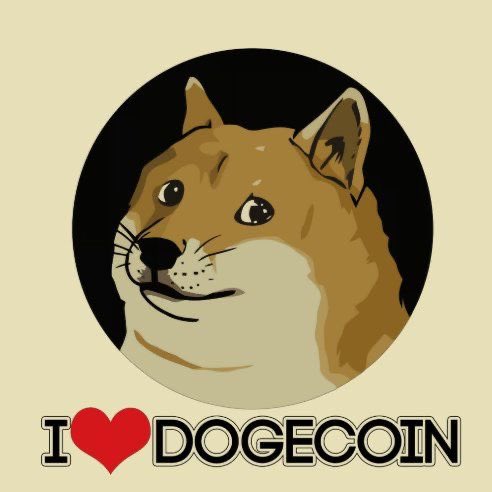 An illustration of a Shiba Inu dog against a black circle background with the text 'I [heart] DOGECOIN' below it on a beige canvas.