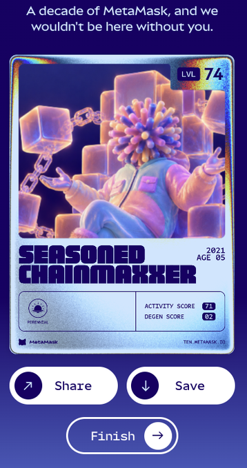 MetaMask profile card for a 'SEASONED CHAINMAXKER' at level 74, showing an avatar with a colorful flower head, dates 2021-2025, age 05, activity score 71, degen score 92, and Share/Save/Finish buttons.