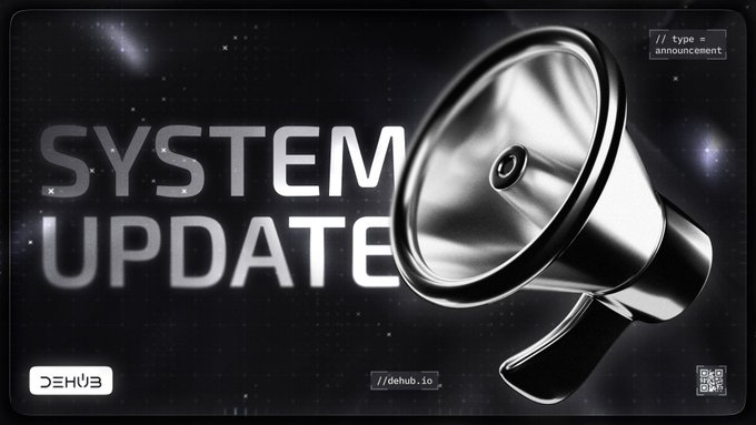 A digital graphic announcing a 'SYSTEM UPDATE' with a large metallic speaker against a starry background, featuring '// type = announcement' and '// dehub.io' text.