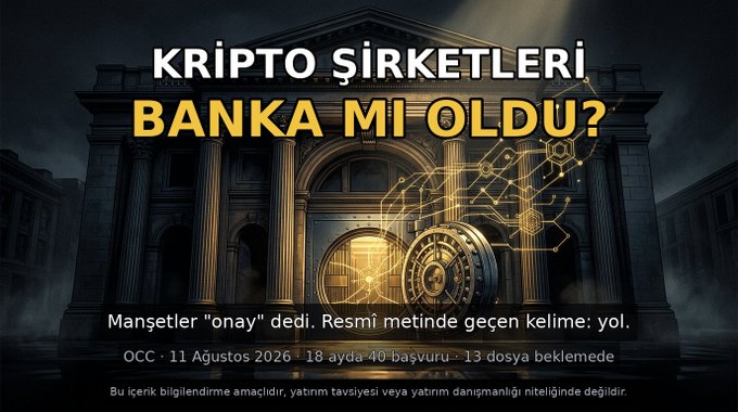 A Turkish-language graphic asking 'KRİPTO ŞİRKETLERİ BANKA MI OLDU?' (Did crypto companies become banks?), referencing a news article dated 11 Ağustos 2026 with 40 comments.