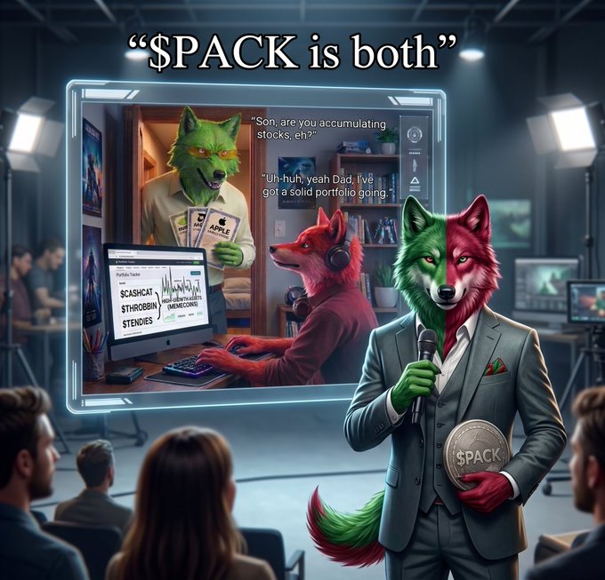 A digital illustration featuring anthropomorphic wolves in a studio setting, with text reading '$PACK is both' and dialogue about stocks and a portfolio.
