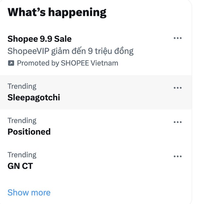 A Twitter 'What's happening' sidebar showing a Shopee 9.9 Sale promotion and trending topics 'Sleepagotchi', 'Positioned', and 'GN CT'.