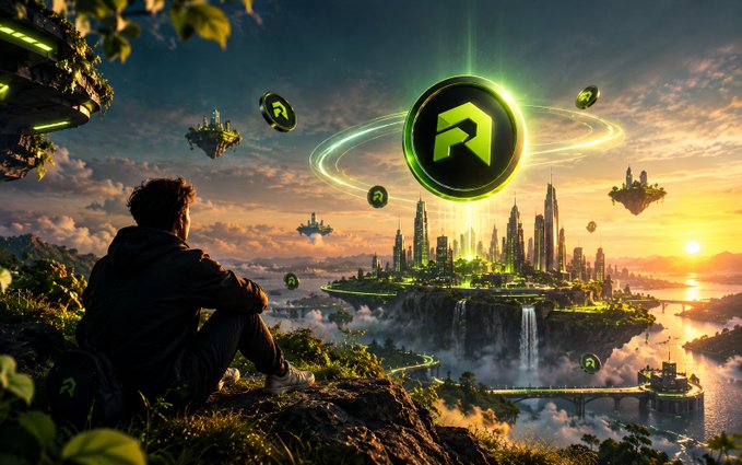 A fantasy digital landscape shows a seated figure overlooking a glowing futuristic city with floating islands and multiple green “R”-style cryptocurrency coin symbols under a sunset sky.