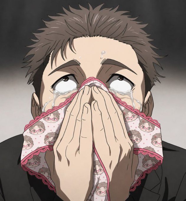 An anime-style illustration depicts a man with tears streaming down his face, wiping his nose with a handkerchief printed with chibi characters. The image humorously captures the despair of Michael Saylor, whose Bitcoin investments reportedly lost value after buying above $100,000 and selling around $60,000.